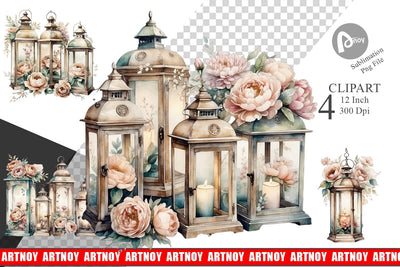 Watercolor Glass Lantern Clipart Sublimation artnoy 