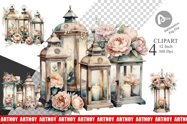 Watercolor Glass Lantern Clipart Sublimation artnoy 
