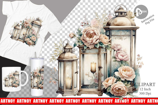 Watercolor Glass Lantern Clipart Sublimation artnoy 