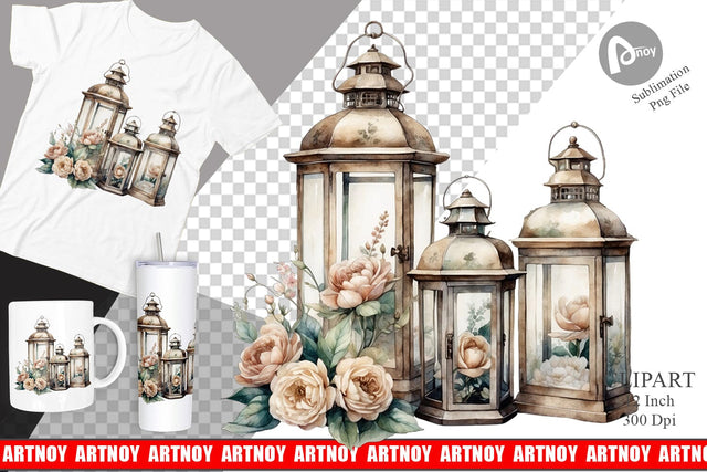 Watercolor Glass Lantern Clipart Sublimation artnoy 