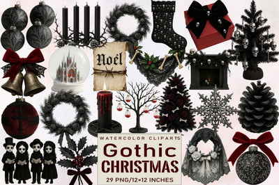 Watercolor Gothic Christmas Clipart Bundle. Sublimation SVGArt 