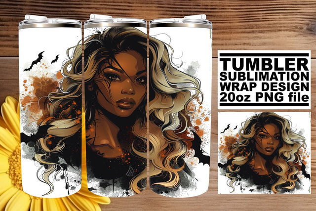 Watercolor Gothic Tumbler Wrap 20oz Halloween Afro Woman Sublimation afrosvg 