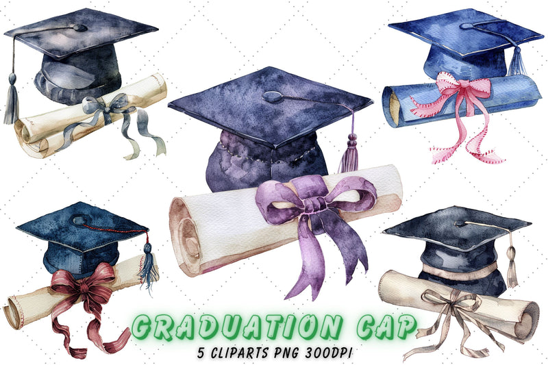 Watercolor graduation cap and diploma Clipart Bundle, graduation cap ...