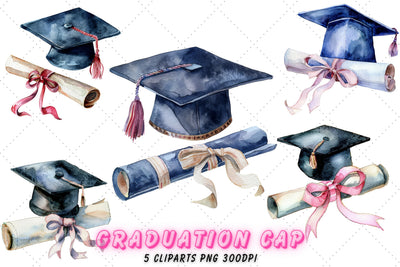 Watercolor graduation cap and diploma Clipart Bundle Sublimation FloridPrintables 