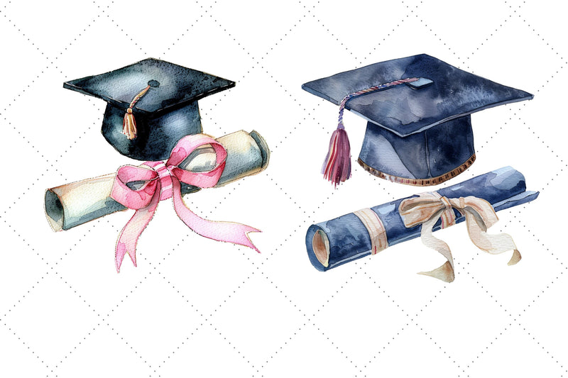 Watercolor graduation cap and diploma Clipart Bundle - So Fontsy