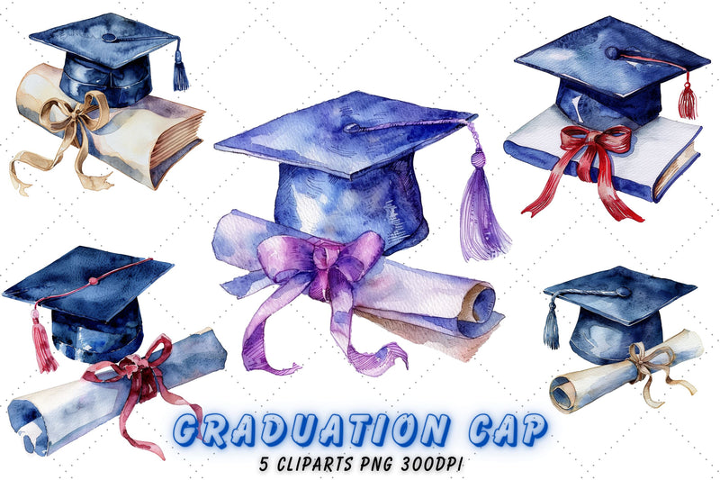 Watercolor Graduation Cap and Diploma Clipart Bundle - So Fontsy