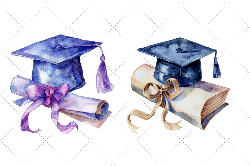 Watercolor Graduation Cap and Diploma Clipart Bundle - So Fontsy