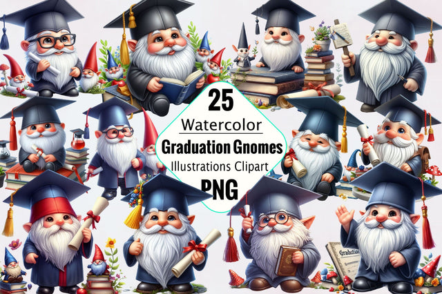 Watercolor Graduation Gnomes Clipart Bundle Sublimation SVGArt 