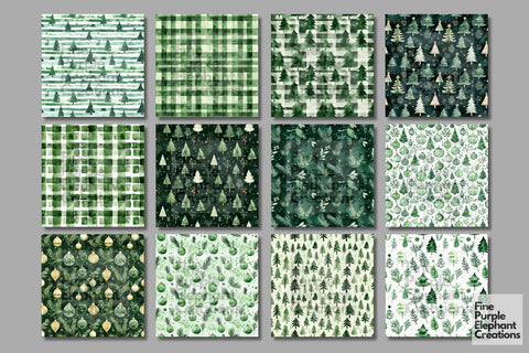 Watercolor Green Christmas Digital Paper | Traditional Winter Trees Digital Pattern Fine Purple Elephant Creations 