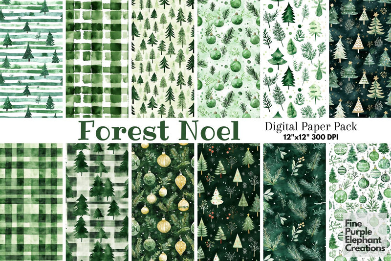 Watercolor Green Christmas Digital Paper | Traditional Winter Trees Digital Pattern Fine Purple Elephant Creations 