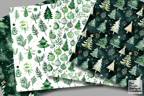 Watercolor Green Christmas Digital Paper | Traditional Winter Trees Digital Pattern Fine Purple Elephant Creations 