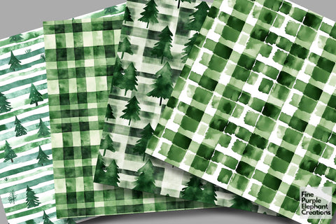 Watercolor Green Christmas Digital Paper | Traditional Winter Trees Digital Pattern Fine Purple Elephant Creations 