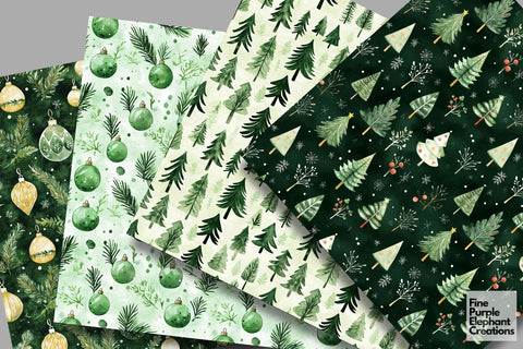 Watercolor Green Christmas Digital Paper | Traditional Winter Trees Digital Pattern Fine Purple Elephant Creations 