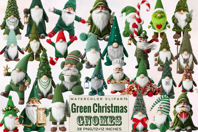 Watercolor Green Christmas Gnomes Clipart Bundle. Sublimation SVGArt 