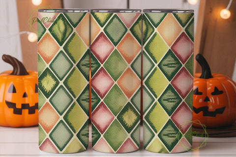 Watercolor Green Peach Diamond Tumbler Sublimation PixelChick 