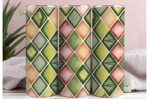 Watercolor Green Peach Diamond Tumbler Sublimation PixelChick 