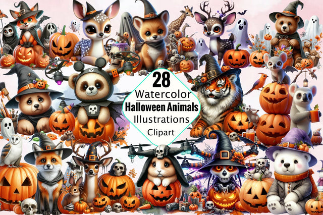 Watercolor Halloween Animals Sublimation Clipart Bundle Sublimation SVGArt 