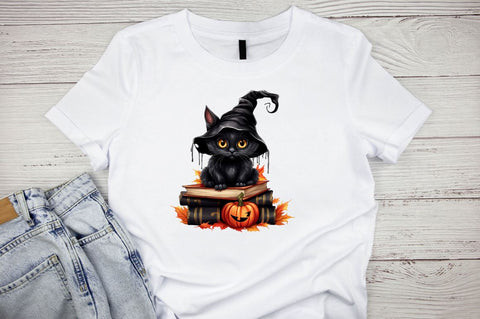 Watercolor Halloween Black Cat on Books Clipart Bundle Sublimation Designangry 