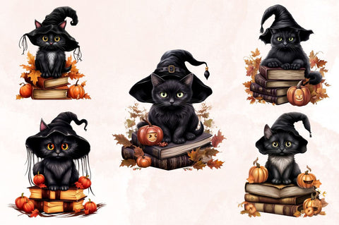 Watercolor Halloween Black Cat on Books Clipart Bundle Sublimation Designangry 