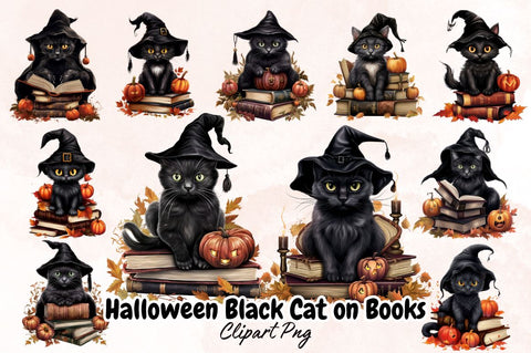 Watercolor Halloween Black Cat on Books Clipart Bundle Sublimation Designangry 