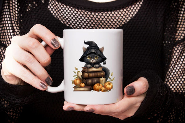 Watercolor Halloween Black Cat on Books Clipart Bundle Sublimation Designangry 