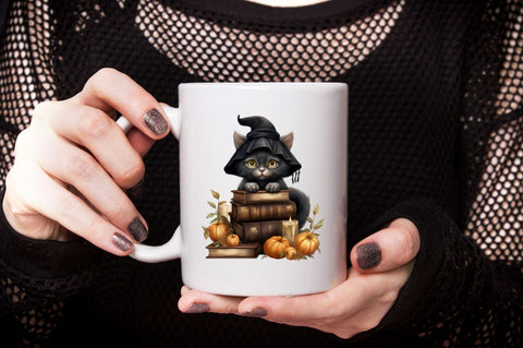 Watercolor Halloween Black Cat on Books Clipart Bundle Sublimation Designangry 