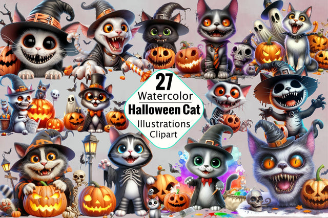Watercolor Halloween Cat Sublimation Clipart Bundle Sublimation SVGArt 