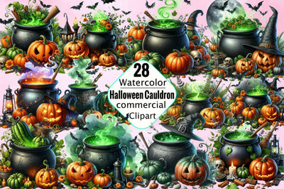 Watercolor Halloween Cauldron Sublimation Clipart Bundle Sublimation SVGArt 