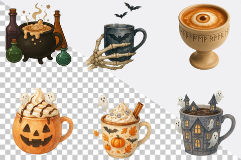 Watercolor Halloween Coffee Clipart Bundle. Sublimation SVGArt 