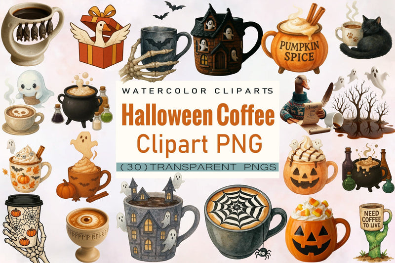 Watercolor Halloween Coffee Clipart Bundle. Sublimation SVGArt 