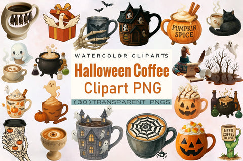 Watercolor Halloween Coffee Clipart Bundle. Sublimation SVGArt 