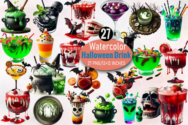 Watercolor Halloween Drink Clipart Bundle. Sublimation SVGArt 