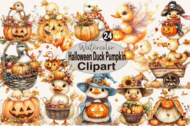 Watercolor Halloween Duck Pumpkin Clipart Bundle Sublimation SVGArt 
