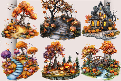 Watercolor Halloween Landscape Clipart Bundle. Sublimation SVGArt 