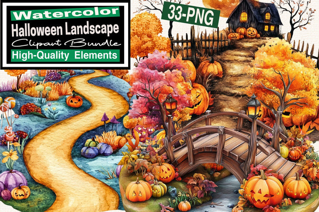 Watercolor Halloween Landscape Clipart Bundle. Sublimation SVGArt 