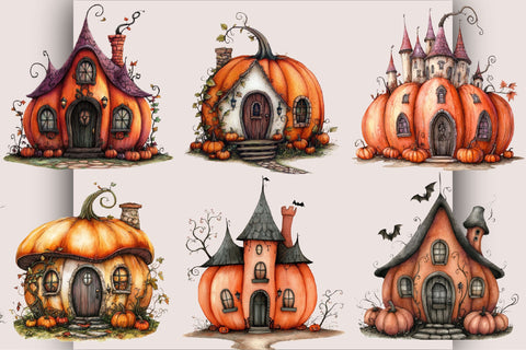 Watercolor Halloween Pumpkin House Clipart Sublimation SVGArt 