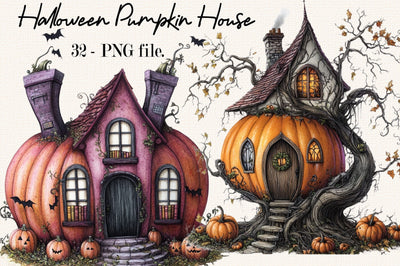 Watercolor Halloween Pumpkin House Clipart Sublimation SVGArt 