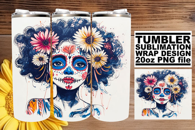 Watercolor Halloween Sugar Skull Tumbler – 20oz Design Sublimation afrosvg 