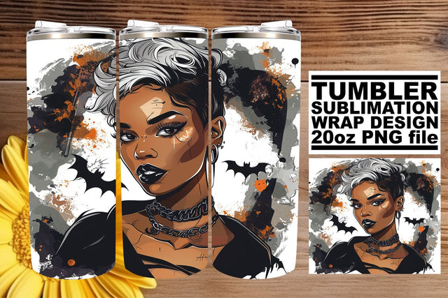 Watercolor Halloween Tumbler Wrap Afro Woman Portrait Sublimation afrosvg 