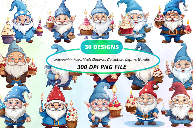 Watercolor Hanukkah Gnomes Collection Clipart Bundle Sublimation Regulrcrative 