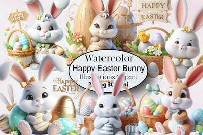 Watercolor Happy Easter Bunny Clipart Bundle SVG SVGArt 