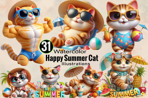 Watercolor Happy Summer Cat Sublimation Clipart Bundle Sublimation SVGArt 