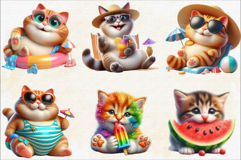 Watercolor Happy Summer Cat Sublimation Clipart Bundle Sublimation SVGArt 