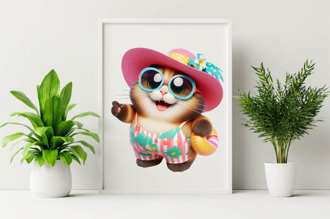 Watercolor Happy Summer Cat Sublimation Clipart Bundle Sublimation SVGArt 