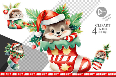 Watercolor Hedgehog in Christmas Stocking Clipart Sublimation artnoy 