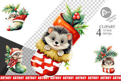 Watercolor Hedgehog in Christmas Stocking Clipart Sublimation artnoy 