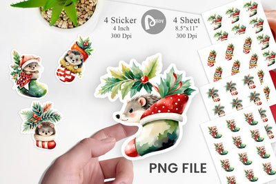 Watercolor Hedgehog in Christmas Stocking Sticker Sublimation artnoy 