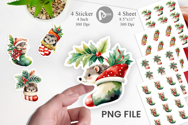 Watercolor Hedgehog in Christmas Stocking Sticker Sublimation artnoy 