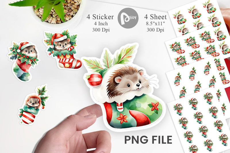 Watercolor Hedgehog in Christmas Stocking Sticker Sublimation artnoy 