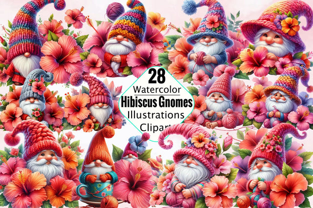 Watercolor Hibiscus Gnomes Sublimation Clipart Bundle Sublimation SVGArt 
